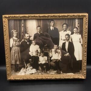 Antique Portrait of Family of Ten & Doll Cabinet Card Photograph Framed